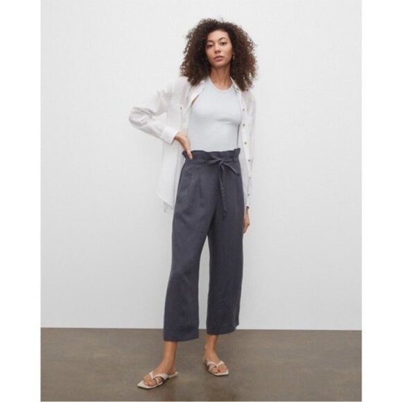 Club Monaco Womens Anreannah Pant Blue Grey Size 12 Linen Blend Cropped Belted - Picture 1 of 11